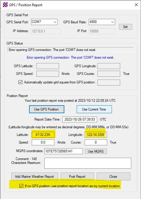 GPS Dialog Box in Winlink Express, make sure you tell W.E. to use your Grid Square position, if Lat/Long *not* supplied.
